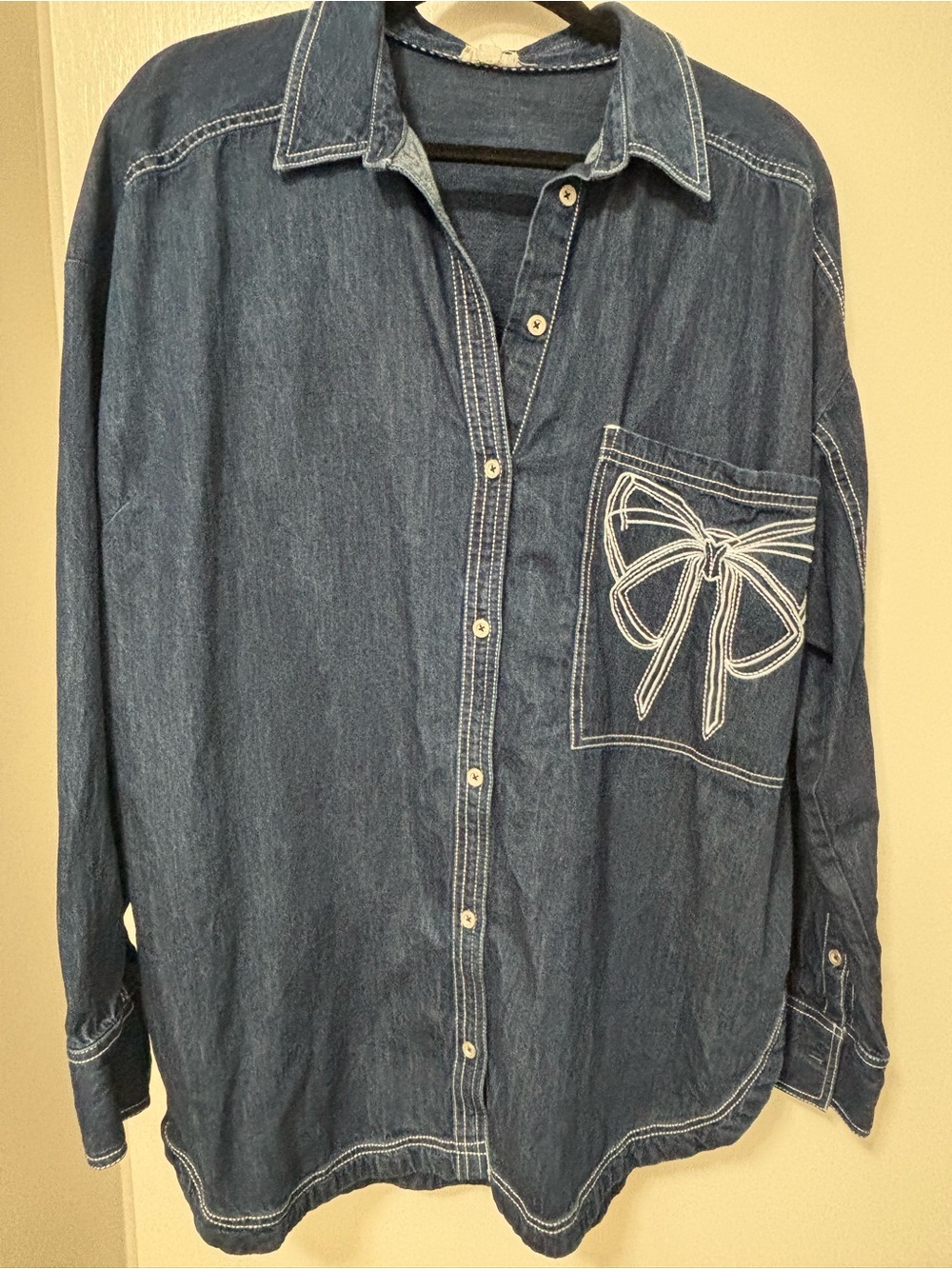 Anthropologie Dark Blue Denim Button-Down Shirt with Embroidered Bow Pocket